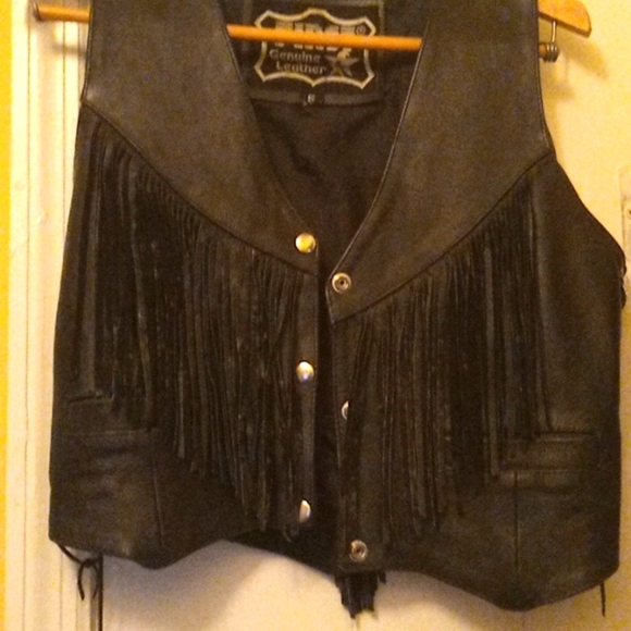 Genuine leather Harley vest with fringe and silver details. Size small. Black. - Picture 1 of 4